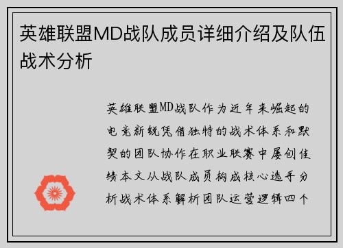 英雄联盟MD战队成员详细介绍及队伍战术分析