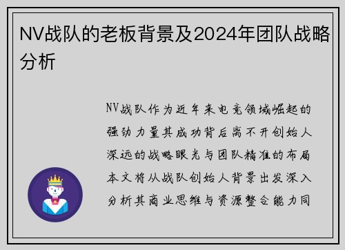 NV战队的老板背景及2024年团队战略分析