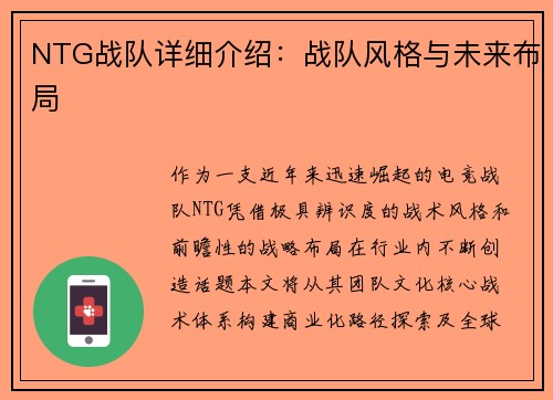 NTG战队详细介绍：战队风格与未来布局